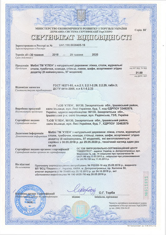 Сертификат соответсвия на мебель