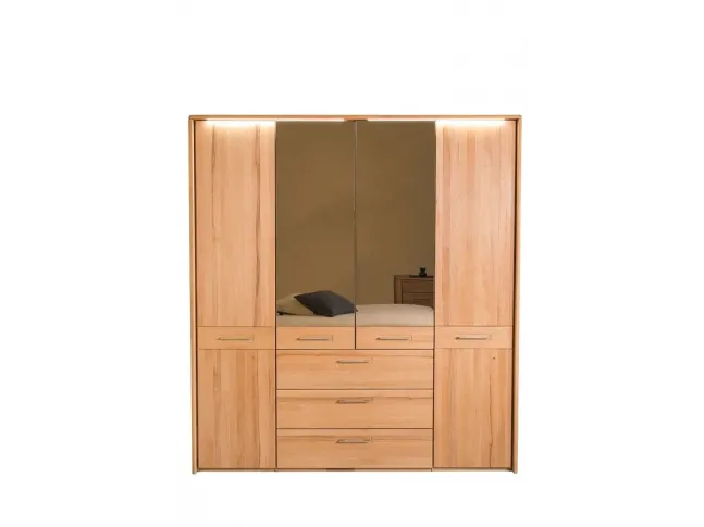Шафа Ніколь 4 дверна з шухлядами натурального кольору, матеріал зрощений/цільний бук, двері з дзеркалом  (вигляд спереду)