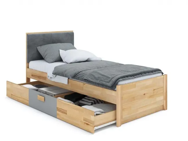 Кровать подростковая Rainbow с ящиком натуральный/серый цвет,  цвет ткани - серый (вид с открытым ящиком)