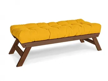 Лавка ALLEGRO кольору горіх, матеріал - бук цільний, колір тканини - жовтий (загальний вигляд)