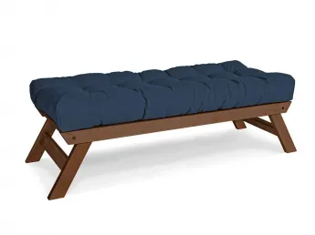 Лавка ALLEGRO кольору горіх, матеріал - бук цільний, колір тканини - синій (загальний вигляд)