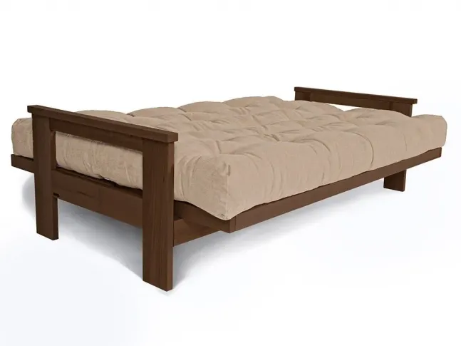 Диван-футон раскладной MEXICO цвета горіх, материал - бук цельный, цвет ткани - бежевый (вид разложенный)
