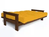 Диван-футон розкладний MEXICO кольору горіх, матеріал - бук цільний, колір тканини - жовтий (вигляд розкладений)
