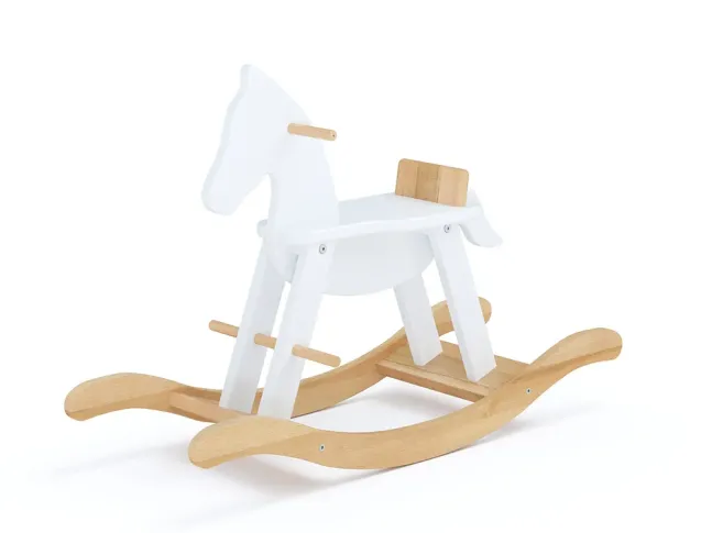 Лошадка-качалка Эней без защитной вставки натурального\белого цвета, цельный бук, покрытие льняное масло (общий вид)