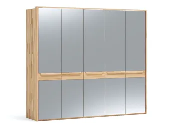 Шафа Глорія 5-дверна натурального кольору, матеріал зрощений/цільний бук, дверки дзеркало з паспарту та підсвіткою