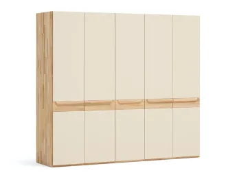 Шафа Глорія 5-дверна натурального кольору, матеріал зрощений/цільний бук, дверки скло матове біле (загальний вигляд)