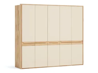 Шафа Глорія 5-дверна натурального кольору, матеріал зрощений/цільний бук, дверки скло матове біле з паспарту