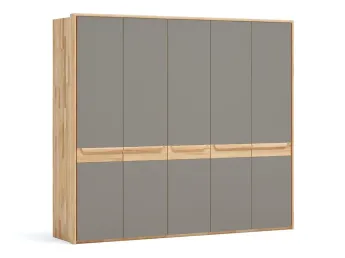 Шафа Глорія 5-дверна натурального кольору, матеріал зрощений/цільний бук, дверки скло матове сіре з паспарту