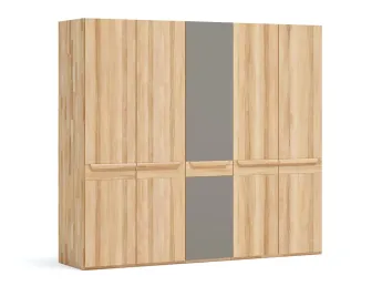 Шафа Глорія 5-дверна натурального кольору, матеріал зрощений/цільний бук, одна середня дверка скло матове сіре