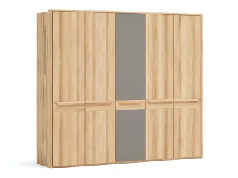 Шафа Глорія 5-дверна натурального кольору, матеріал зрощений/цільний бук, одна середня дверка скло матове сіре з паспарту