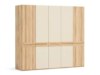 Шафа Глорія 5-дверна натурального кольору, матеріал зрощений/цільний бук, три середні дверки скло матове біле