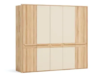 Шафа Глорія 5-дверна натурального кольору, матеріал зрощений/цільний бук, три середні дверки скло матове біле з паспарту