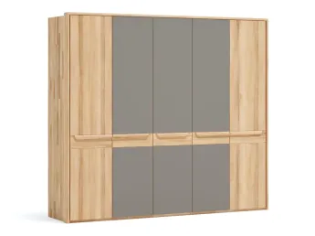 Шафа Глорія 5-дверна натурального кольору, матеріал зрощений/цільний бук, три середні дверки скло матове сіре з паспарту