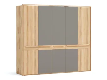Шафа Глорія 5-дверна натурального кольору, матеріал бук, три середні дверки скло матове сіре з паспарту та підсвіткою