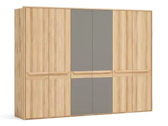 Шафа Глорія 6-дверна натурального кольору, матеріал зрощений/цільний бук, дві середні дверки матове скло сіре з паспарту