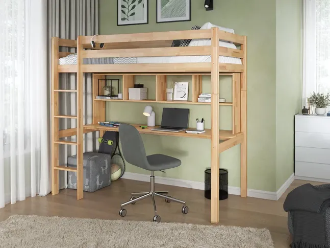 Підліткове ліжко Скай із захисною огорожею та підйомом на 2 поверх, стіл та полиці, натурального кольору (інтер'єр)