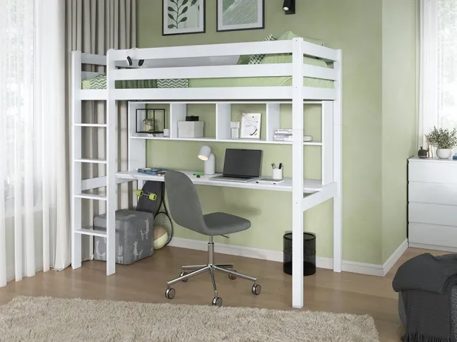 Підліткове ліжко Скай із захисною огорожею та підйомом на 2 поверх, стіл та полиці, білого кольору (інтер'єр)