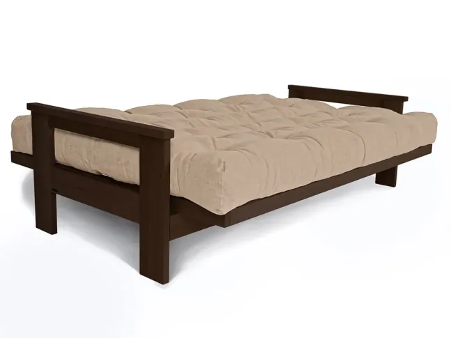 Диван-футон раскладной MEXICO цвета венге лак, материал - бук цельный, цвет ткани - бежевый (вид разложенный)