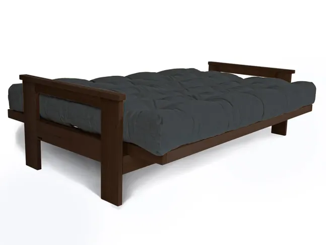 Диван-футон розкладний MEXICO кольору венге лак, матеріал - бук цільний, колір тканини - попільний (вигляд розкладений)