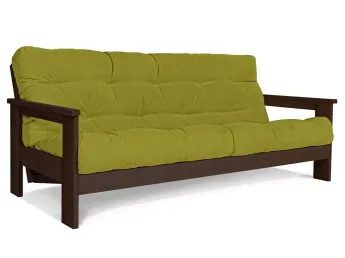 Диван-футон розкладний MEXICO кольору венге лак, матеріал - бук цільний, колір тканини - зелений (вигляд розкладений)