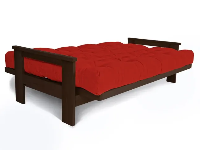 Диван-футон розкладний MEXICO кольору венге лак, матеріал - бук цільний, колір тканини - червоний (вигляд розкладений)